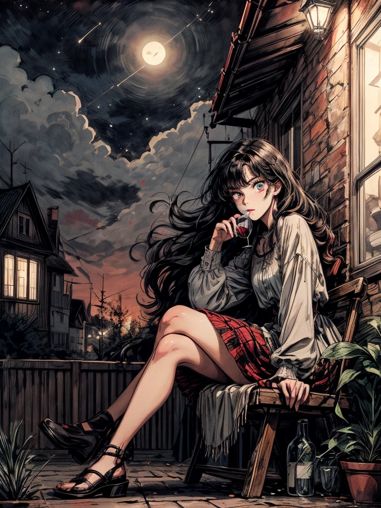 beautiful woman, (((full body))), ((background outdoor house)), (best quality), 1girl, solo A room with glass windows, curtains, a young woman with long black hair, red hair , White eyes with red pupils stare at sky, sitting on a chair, She is sitting and drink wild in front of the house., There are flowers, flower pots, a table, a wine glass, a wine bottle, a lamp, a black cat, Outside the window, there is a dark sky and stars.