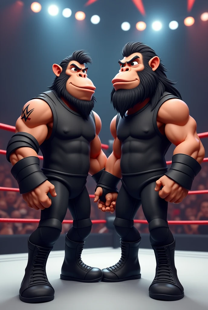 Cartoon Simian and Cartoon Baboon dressed like WWE tag-team wrestlers APA

Cartoon Simian head. Cartoon Simian face. Cartoon Simian arms. Cartoon Simian hands. Cartoon Simian has Short Black head hair. Cartoon Simian has Short black beard. Cartoon Simian has black mustache. Cartoon Simian is Muscular. Cartoon Simian is wearing a Black T-shirt, black wrist tape, black pants, and black wrestling boots.

Cartoon Baboon head. Cartoon Baboon face. Cartoon Baboon arms. Cartoon Baboon hands. Cartoon Baboon has Long black hair. Cartoon Baboon has black mustache. Cartoon Baboon is Muscular. Cartoon Baboon is wearing a Black T-shirt, black wrist tape, black pants, and black wrestling boots.

Both are standing in a wrestling ring.