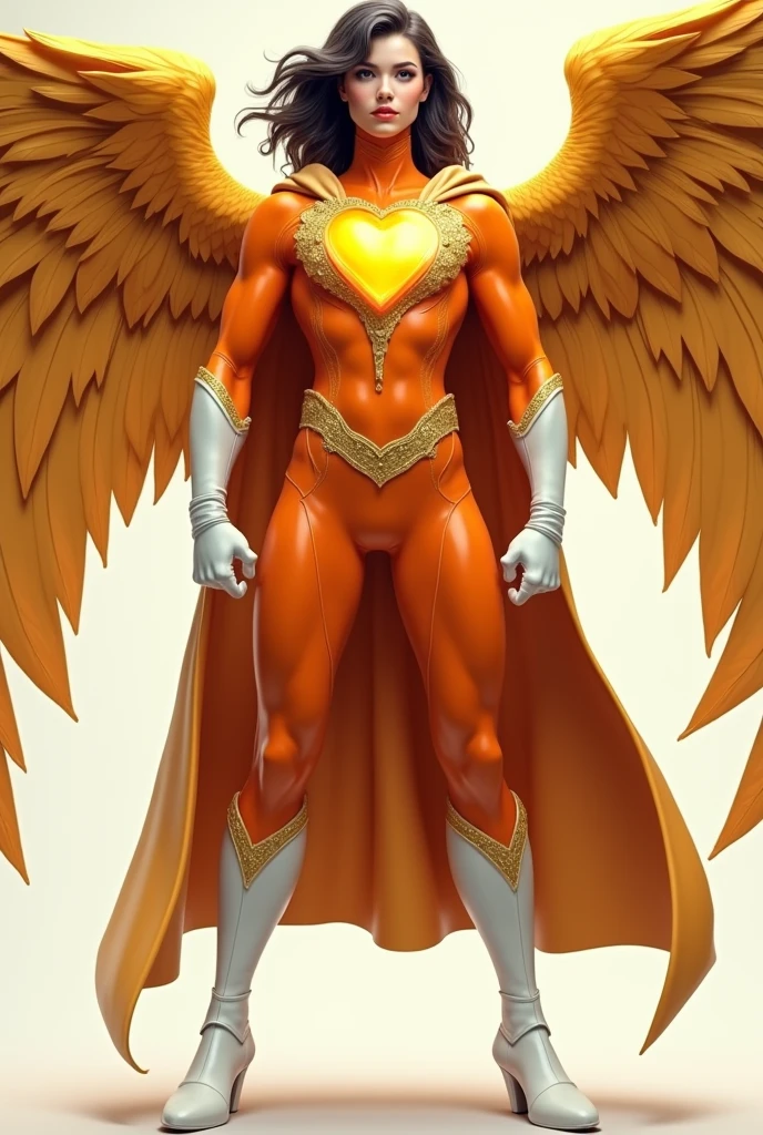 superhero in orange and white suit, White boots, Golden wings, a comic style gold heart necklace