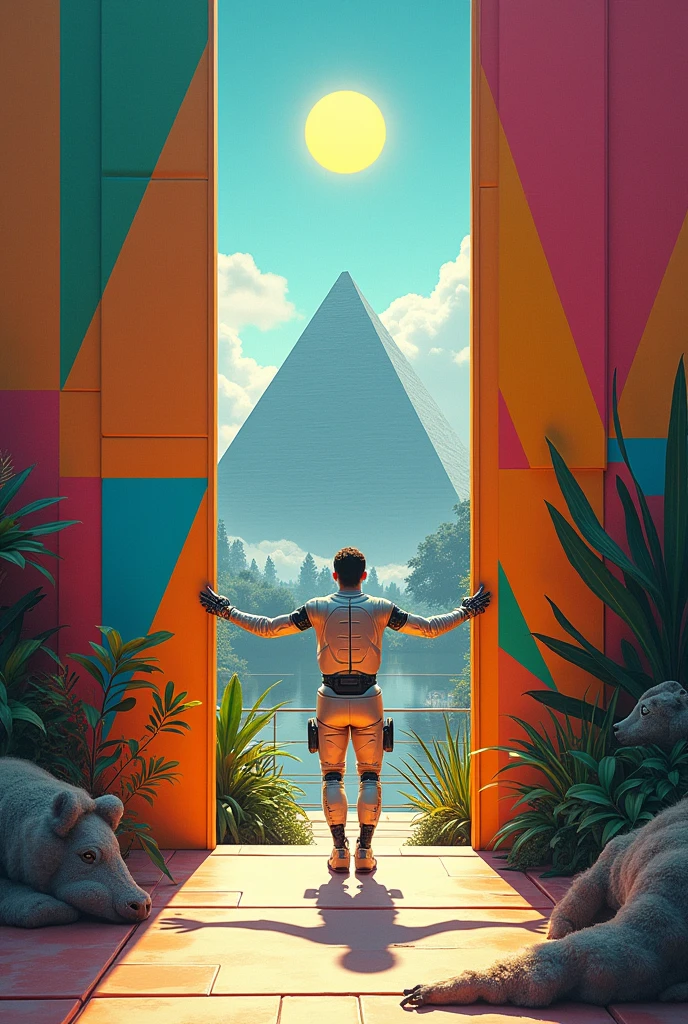 Un homme avec des vêtements futuristes pousse des deux mains des portes futuristes  avec des figures géométriques de couleurs différentes sur la porte et devant lui une pyramide avec de l'herbe et des animaux ,le tout ressemblent à la peinture que j'ai publié et un robot et à côté devant une des portes. 