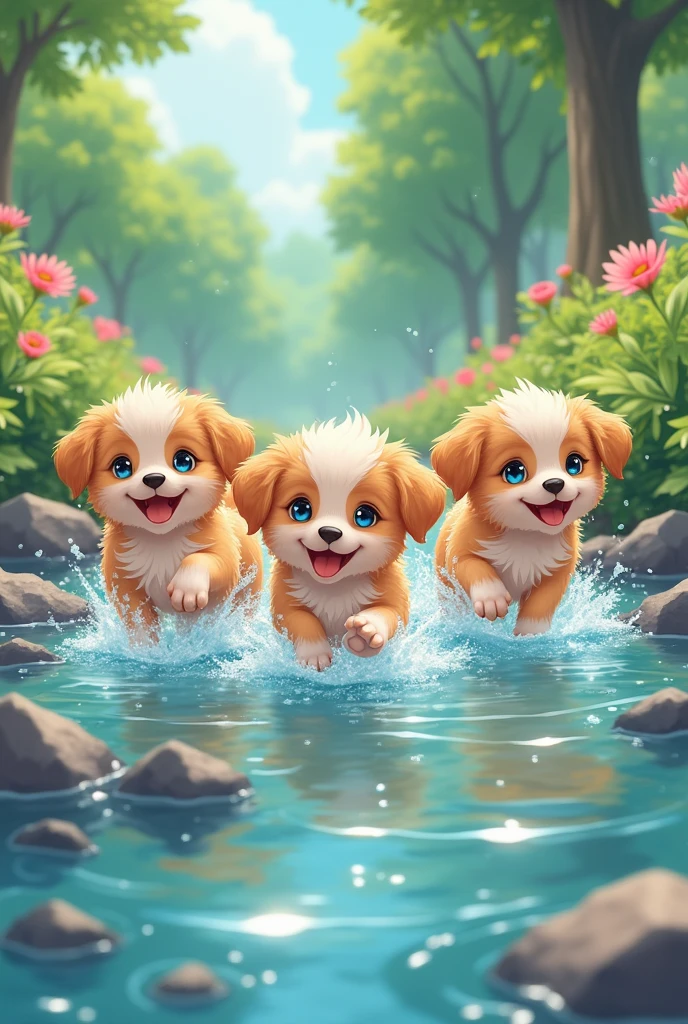 Adorable puppies playing in the water、Please draw in a fantasy, anime style.。The puppies are smiling brightly、Playing in a stream with clear, splashing water。Their fur is slightly wet and shiny.、The fluffy fur shines with water droplets.。In the background、Lush tree々and colorful flowers々Spread、The refreshing atmosphere of a sunny summer day。overall、Fun and heartwarming、Please create a warm and relaxed image.。