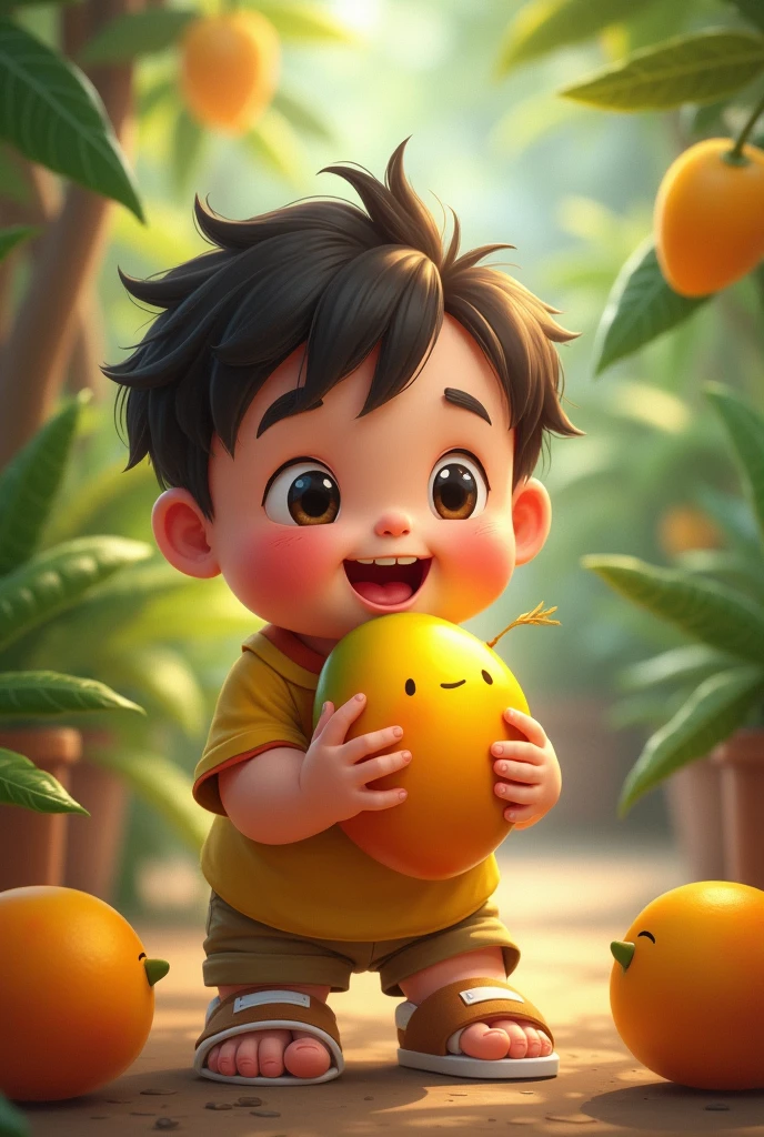 Draw me a picture , chubby boy holding mango to eat