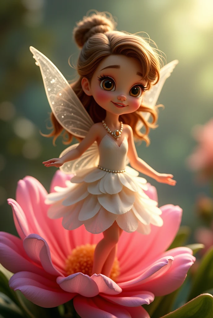Image with the magic of Pixar, Tinkerbell&#39;s Friend Rosette, a white fairy with loose brown hair and dark brown eyes , dress made of a pink flower and transparent wings 
