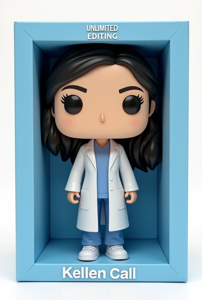 Create a Funko Pop of a kellen call, Brunetette, with slanted eyes, long black hair, dressed as a doctor. Funk must be presented inside and outside a blue box "unlimited editing". The box must also allow viewing of the funko, Typography, the rendering must be in 3D with a white background