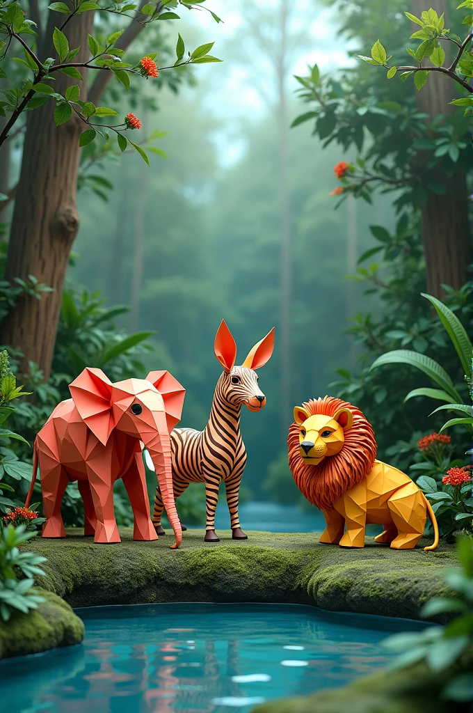 A nature reserve showing an elephant, zebra, and lion made of origami paper that 