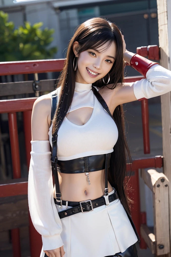 ((masterpiece)), (Ultra-high resolution), (Detailed skin, detailed hair, detailed eye, Detailed fingers, Detailed fabric), Tifa Lockhart, ((One beautiful girl)), Japanese women, eyeの虹彩, red eyeの虹彩,(eye, (big eye:1.3)), hair, (black hair, very long hair), (chest,(Natural chest, Big Breasts:1.2)), (body, shape, hourglass body shape, slim), (happy smile), Realistic, lips, parted lips, (skirt, Leather skirt, (mini skirt)), ((Crop top, White Crop top, No sleeve), (Black belt, Black orthodontic braces, suspenders)), Earrings, jewelry, 前hair, full body view, The camera focuses on the character, (hand, Equipment, red hand Equipment), Outdoor, smile, happy smile、Baby Face