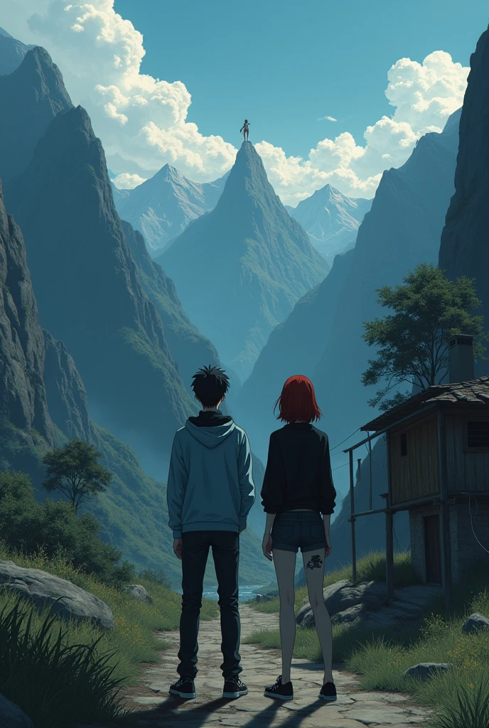The image is anime style cowboy bebop and Darker than black with shadows and dim lights, anime style although somewhat adult and dark, It shows a rural road, where an old and destroyed building is located between the mountains, the view of the image is aerial. in the middle of a valley, where you can see mountains and a river below, on a vacant lot, very far, You can see a young man wearing a light blue and red jacket and black sneakers and an albino woman with short white hair wearing a black sweater and minishorts., He doesn&#39;t wear any more clothes, She is barefoot, Beautiful feet. both, They are standing at the other end of the road. On a very very far away mountain, There is a naked redhead girl standing there with tattoos on her body and a single horn, She wears her hair in a big braid.