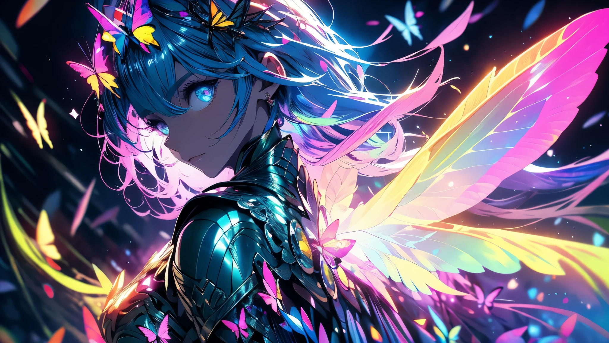 Enchanted Mystical Girl, neon colored butterflies, mini golden fairies, Glowing mushrooms releasing pollen, (ultra-realistic), {extremely detailed 8k CG unity wallpaper}, (A low view that prioritizes the entire scene), (Fully open field view), (low angle shot), (destacados: 1.5), (low light: 1.0), (Warm Light Source: 1.0), complexdetails, (Iridescent Colors: 1.5), (bright lighting), (atmospheric lighting), naturey, magical