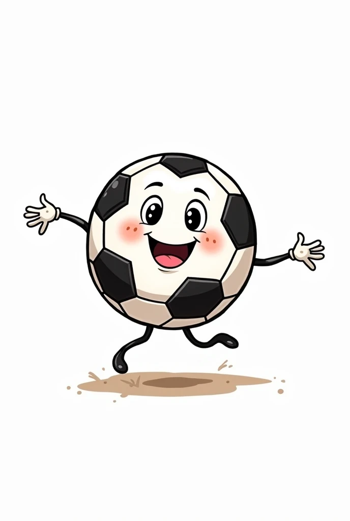 Create a soccer ball with a face on a white background in a drawing with an arm and a leg