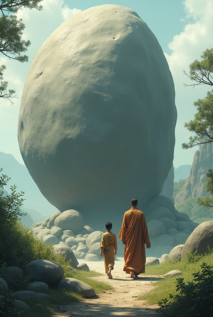 Monk and student walk around
boulder