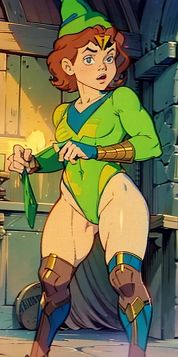 a redhead cartoon character, wonder woman outfit, green leotard, very muscular, male wizard, 1980s cartoon, animated episode still, Presto (((mad))), ((Wears a wizard hat))