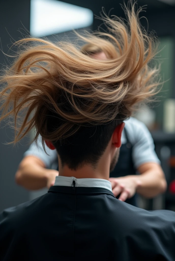 Image of cut hairs flying and blur of barber cutting client's hair in the background. Full HD image.