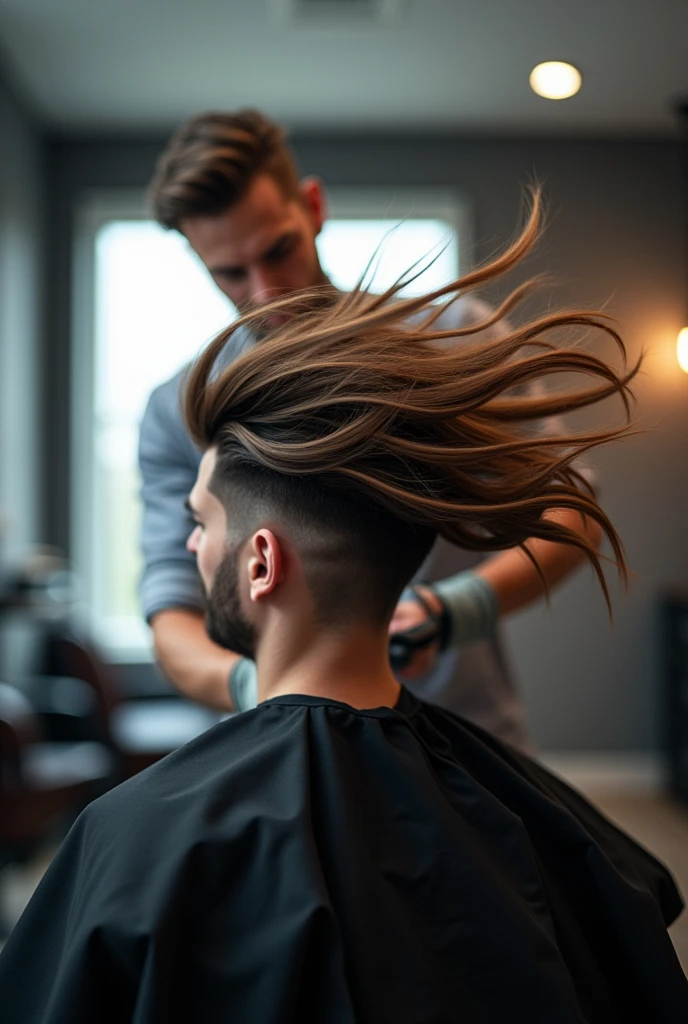 Image of cut hairs flying and blur of barber cutting client's hair in the background. Full HD image.