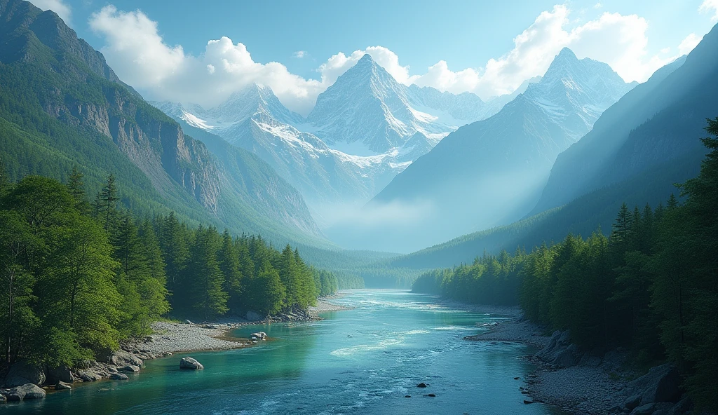 (background 4k),(high resolution)   Rivers, trees, mountains, and the sky, these things all occur naturally. Nature is beautiful without any decoration. The river that flows by and never flows back is like the blood vessels that nourish the hearts of many people and is a part that completes and makes nature complete. If humans lack water, lack forests, lack nature, it is like lacking blood to nourish the heart, which will not be able to survive. Humans need to rely on nature to survive. The beauty and completeness of nature will be with us forever if we know how to cherish and not destroy it.,Beautifully detailed,Be natural,Complex light lines,Professional Photographer,Have clarity,dramatic,Awarded globally,Cinematic lighting,(film grain,bokeh,depth of field)
