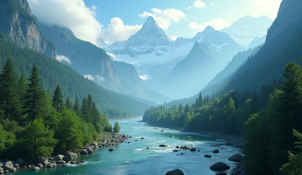 (background 4k),(high resolution) Rivers, trees, mountains, and the sky, these things all occur naturally. Nature is beautiful without any decoration. The river that flows by and never flows back is like the blood vessels that nourish the hearts of many people and is a part that completes and makes nature complete. If humans lack water, lack forests, lack nature, it is like lacking blood to nourish the heart, which will not be able to survive. Humans need to rely on nature to survive. The beauty and completeness of nature will be with us forever if we know how to cherish and not destroy it.,Beautifully detailed,Be natural,Complex light lines,Professional Photographer,Have clarity,dramatic,Awarded globally,Cinematic lighting,(film grain,bokeh,depth of field)