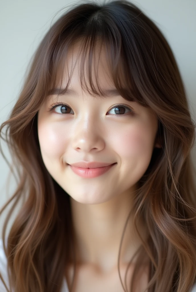 Close-up of a feminine face with soft wavy bangs and light brown hair。Long hair、In the flowing soft waves、Give a friendly and approachable impression。Background is white。