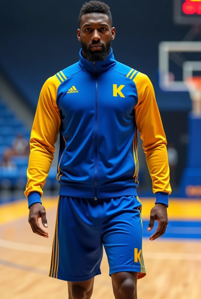 Blue and yellow basketball warm-up clothing, modern style for men, name brand "KANIX"