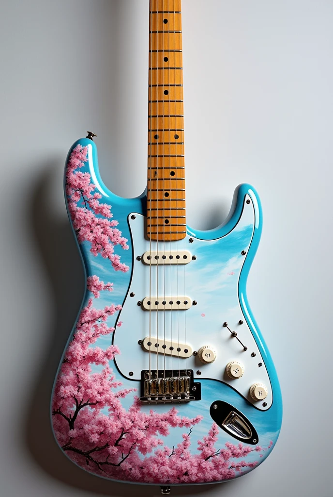 a stratocaster model guitar with a painting of Japanese sakura foliage and a light blue sky in the background, focusing on flowers