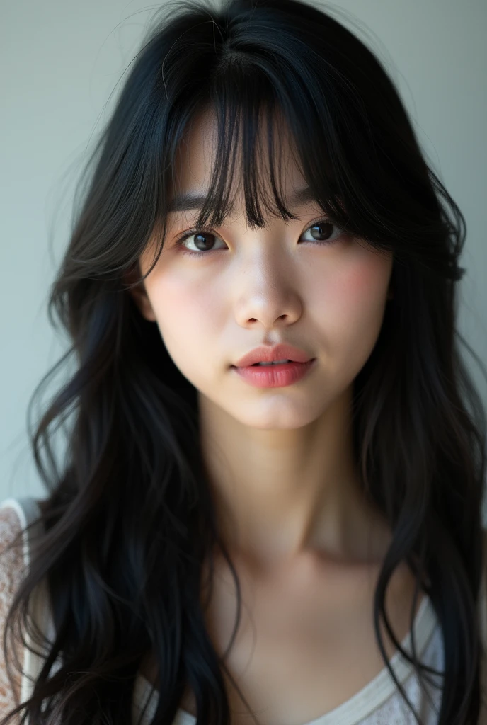 1 girl, 15year old, Asian, long black hair, striking look, full, pink mouth, small and slightly round nose, bangss, pretty, photography studio