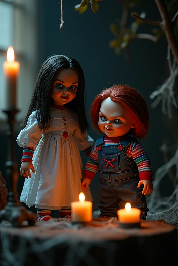 A creepy, gothic doll, Annabelle, with piercing blue eyes, porcelain skin, long dark hair, and an unsettling smile, standing next to the infamous Chucky doll, both with an ominous presence, dark shadows, candles, cobwebs, eerie lighting, horror atmosphere, highly detailed, cinematic, dark fantasy, chiaroscuro lighting, moody, dramatic