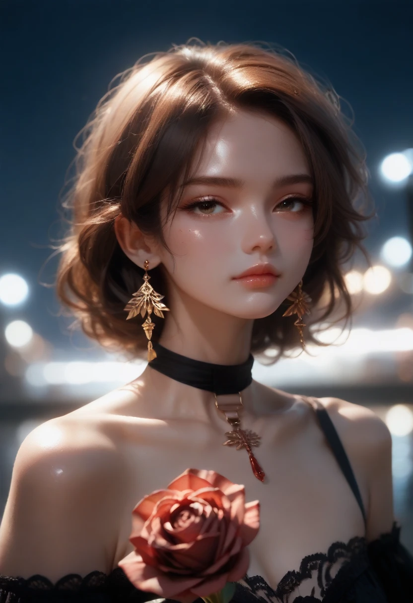 8k, RAW photo, Fujifilm, style photo of a beautiful 4 woman, square face, a red rose on the neck, wearing black lace dress with red, golden earrings, strong features like a spinning dove, (highly detailed skin: 1.2), medium brown hair with lights, film grain, 35mm, cute style