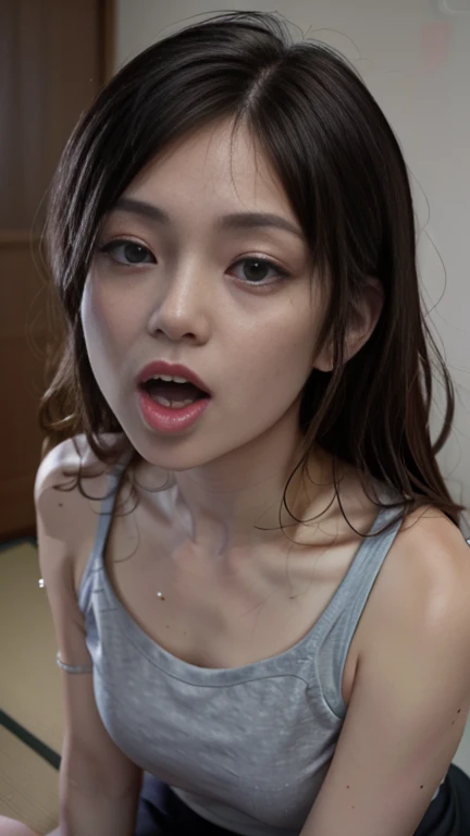 realistic, photo-realistic, best quality, masterpiece, high resolution,  intricate details, extremely detailed, solo, a Japanese mature, tongue out, cum on tongue, shirt, skirt, detailed face, detailed dark eyes, sophisticated nose, pale skin, sweaty, shiny skin, photo background, indoors, home, 