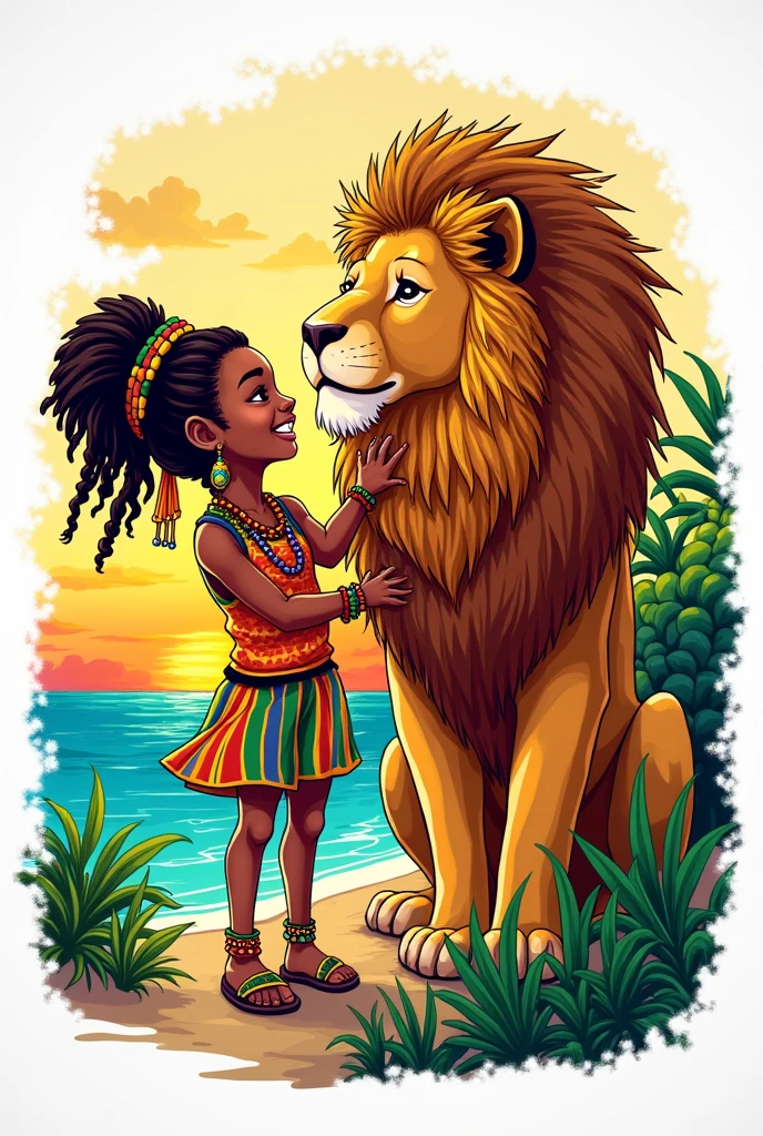 Rastafarian black girl with a lion enjoying the sunrise, colorful summer outfit stands out, Energetic and lively scene.Caribbean, illustration, colobook, black and white, white background
