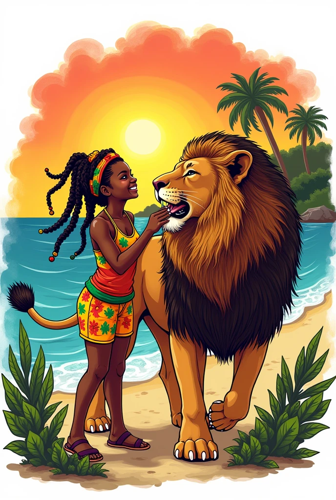 Rastafarian black girl with a lion enjoying the sunrise, colorful summer outfit stands out, Energetic and lively scene.Caribbean,  illustration,  colobook, black and white, white background 