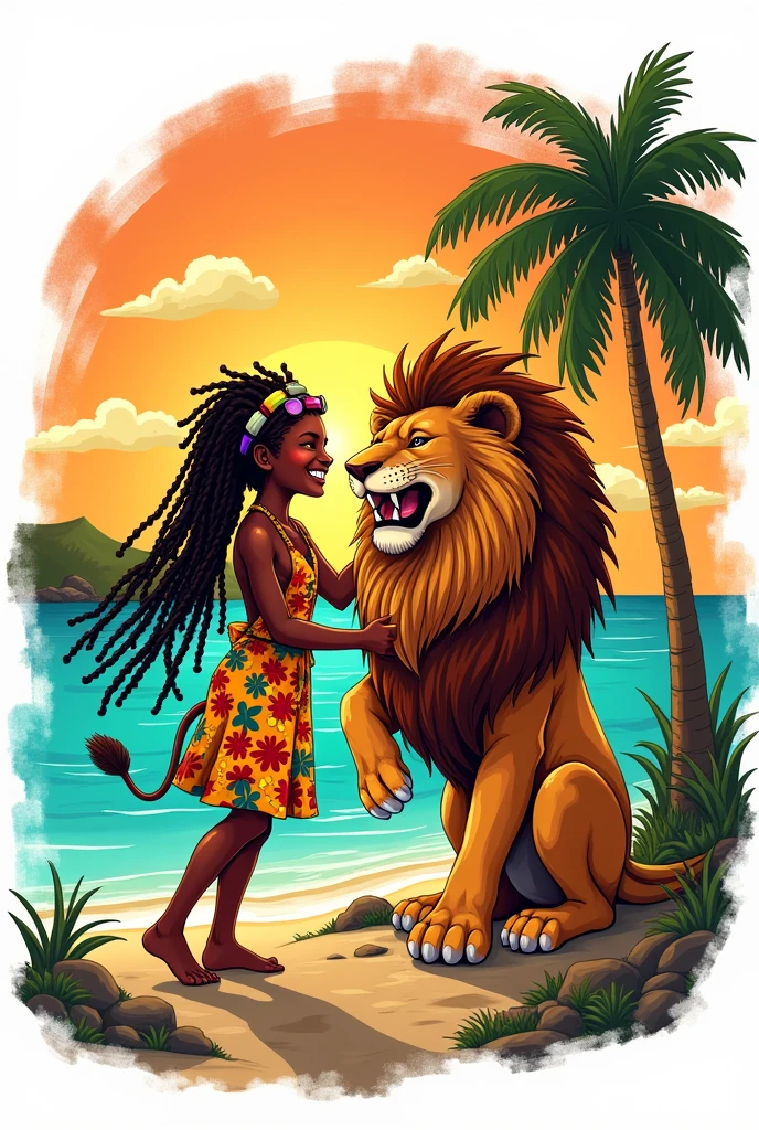 Rastafarian black girl with a lion enjoying the sunrise, colorful summer outfit stands out, Energetic and lively scene.Caribbean,  illustration,  colobook, black and white, white background 