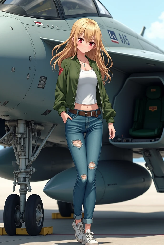 A beautiful adult Japanese anime girl with blonde hair and smooth pale skin with red eyes she has medium sized chest and wears a white shirt with blue ripped jeans and white Beige sneakers and had a green bomber jacket on with a grey us beside her (the inside of the jet has a dark green ejection seat the l avionics and other buttons/switches visible in the cockpit the