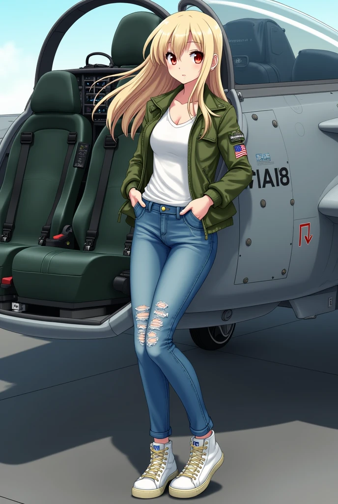 A beautiful adult Japanese anime girl with blonde hair and smooth pale skin with red eyes she has medium sized chest and wears a white shirt with blue ripped jeans and white Beige sneakers and had a green bomber jacket on with a grey us beside her (the inside of the jet has a dark green ejection seat the l avionics and other buttons/switches visible in the cockpit the