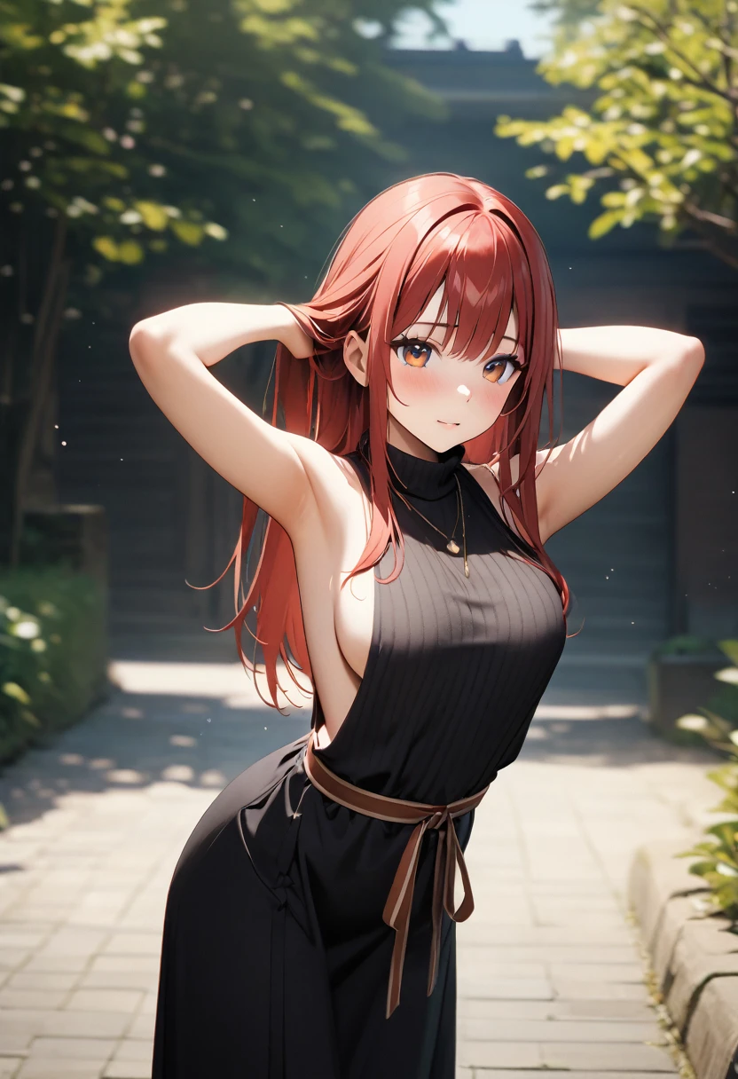 (Highest quality、4K、8k、High resolution、masterpiece:1.2)、Very detailed、Picturesque、Animated Photography、Photo Animation:1.37)、、Japanese women、red hair、long hair、stars ornament、Leaning forward、(Backless)High-neck sleeveless knit dress、(((side boob)))、Put your arms behind your head、Nakano May