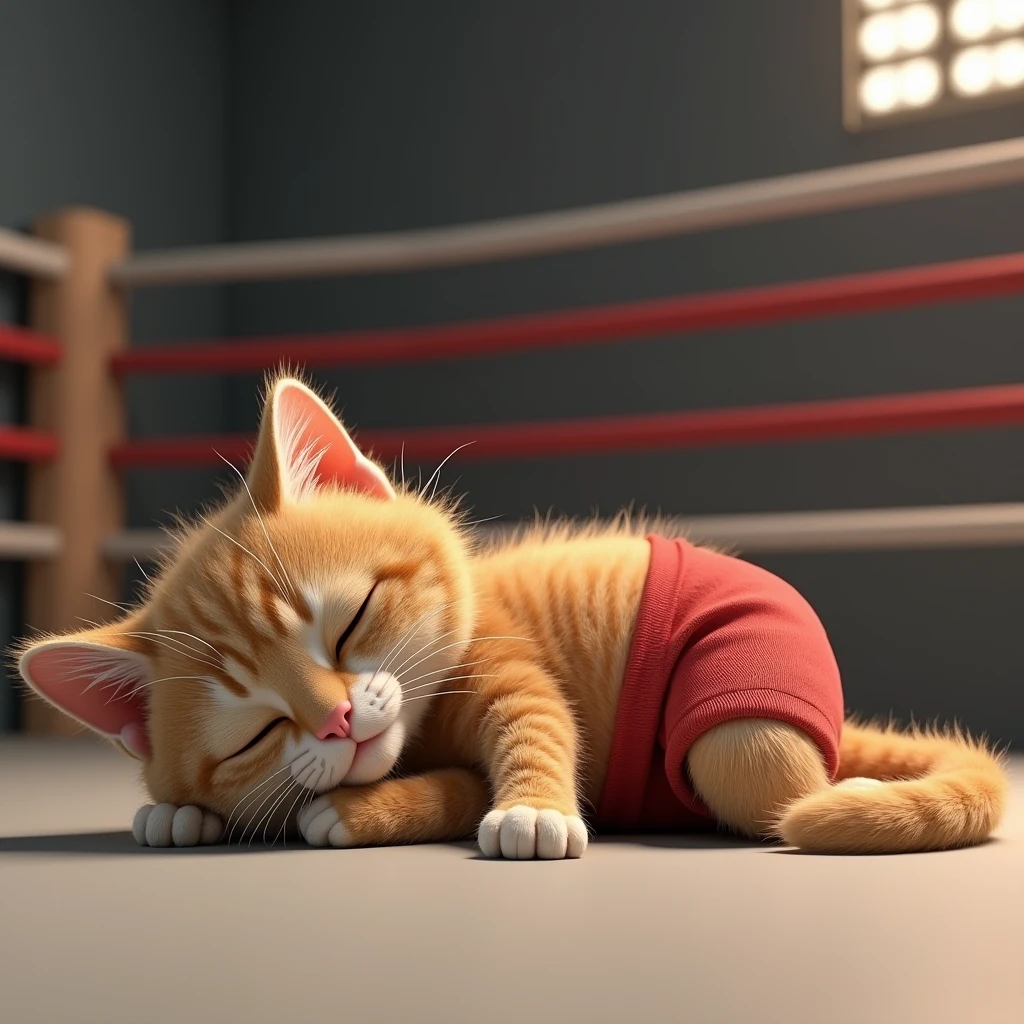 Wearing boxer shorts with the ring in the background、Realistic image of a 3D cat taking a nap