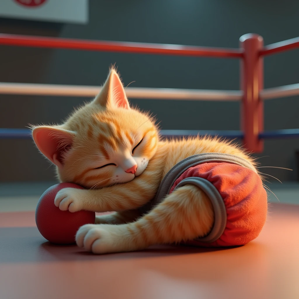 Wearing boxer shorts with the ring in the background、Realistic image of a 3D cat taking a nap