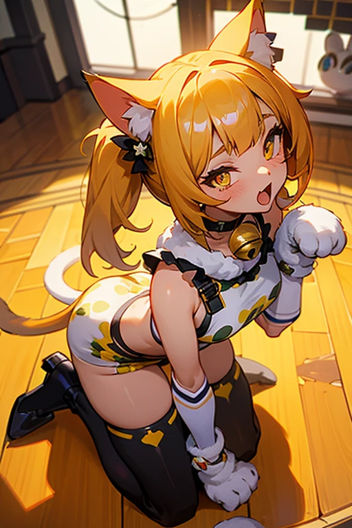 cute kitty girl, cute clothes, animal ass plug, cat eyes, yellow eyes, pleassed, open mouth, tongue out, low twintails, kneeling, pov, from above, parquet floor, animal tail, paw pose, crop top strapless, cute print, high stockings, paw gloves, elbow gloves, fur, bell choker, needy face, voluptuous
