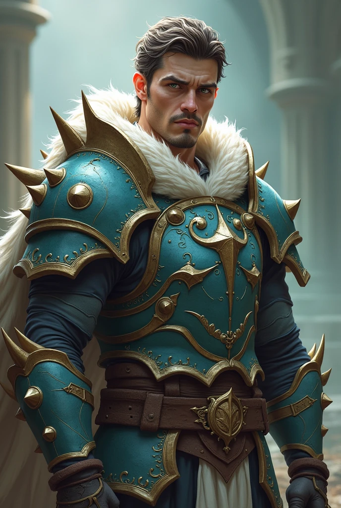 Description: Brune is a man who has 1,85m high, With an athletic and muscular body, a result of years of training and battles. Your eyes are deep green. His facial features are striking, with strong features that convey determination and courage.
Dress style: during your life, Brune wore detailed cyan and white spiked armor., which not only reflected his hero status.
an armor similar to the kaizer skin from honor of king Dawn Guardian