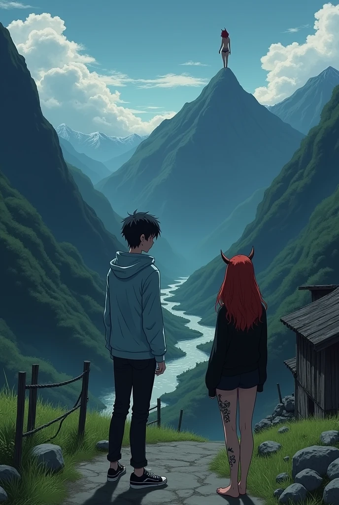 The image is anime style cowboy bebop and Darker than black with shadows and dim lights, anime style although somewhat adult and dark, It shows a rural road, where an old and destroyed building is located between the mountains, the view of the image is aerial. in the middle of a valley, where you can see mountains and a river below, on a vacant lot, very far, You can see a young man wearing a light blue jacket and black sneakers and an albino woman with short white hair wearing a black sweater and minishorts., he wears his bare feet, He doesn&#39;t wear anything on his feet, are outdoors. both, They are standing at the other end of the road. On a very very far away mountain, There is a naked redhead girl standing there with tattoos on her body and a single horn, She wears her hair in a big braid.
