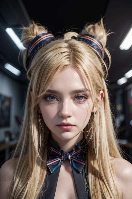 woman with dog, streaked hair, blonde hair, tokin hat, hair ribbon, star-shaped pupils, star-shaped pupils, hoop earrings, Art Deco, Cubist Futurism, interior architecture, cinematic lighting, reference sheet, first-person view, lens flare, diffraction spikes, UHD, high details, high quality, highres