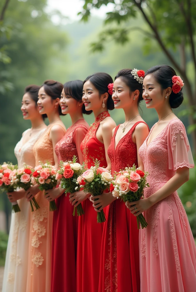 Six young women. The first young woman is 18 years old Thai and wearing a Thai national wedding dress. The second young woman is 1 Laotian and wearing a Lao national wedding dress. The third young woman is 1 Japanese and wearing a Japanese national wedding dress. The fourth young woman is 20 years old Korean and wearing a Korean national wedding dress. The fifth young woman is 2 Taiwanese and wearing a Taiwanese national wedding dress. The sixth young woman is 2 English and wearing an English national dress. They are about to be married, standing in a beautiful line with the same groom. Each bride is smiling and happy. 