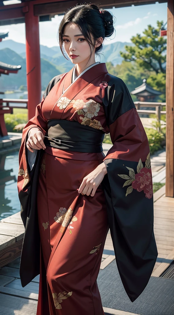 photorealistic, high resolution, 1women, mature female, solo, hips up, black hair, emma \(sekiro\), japanese clothes, kimono, single hair bun, haori, mature female