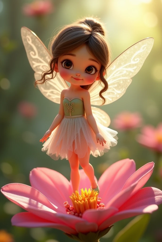 Image with the magic of Pixar, Tinkerbell&#39;s Friend Rosette, a white fairy with loose brown hair and dark brown eyes , dress made of a pink flower and transparent wings 