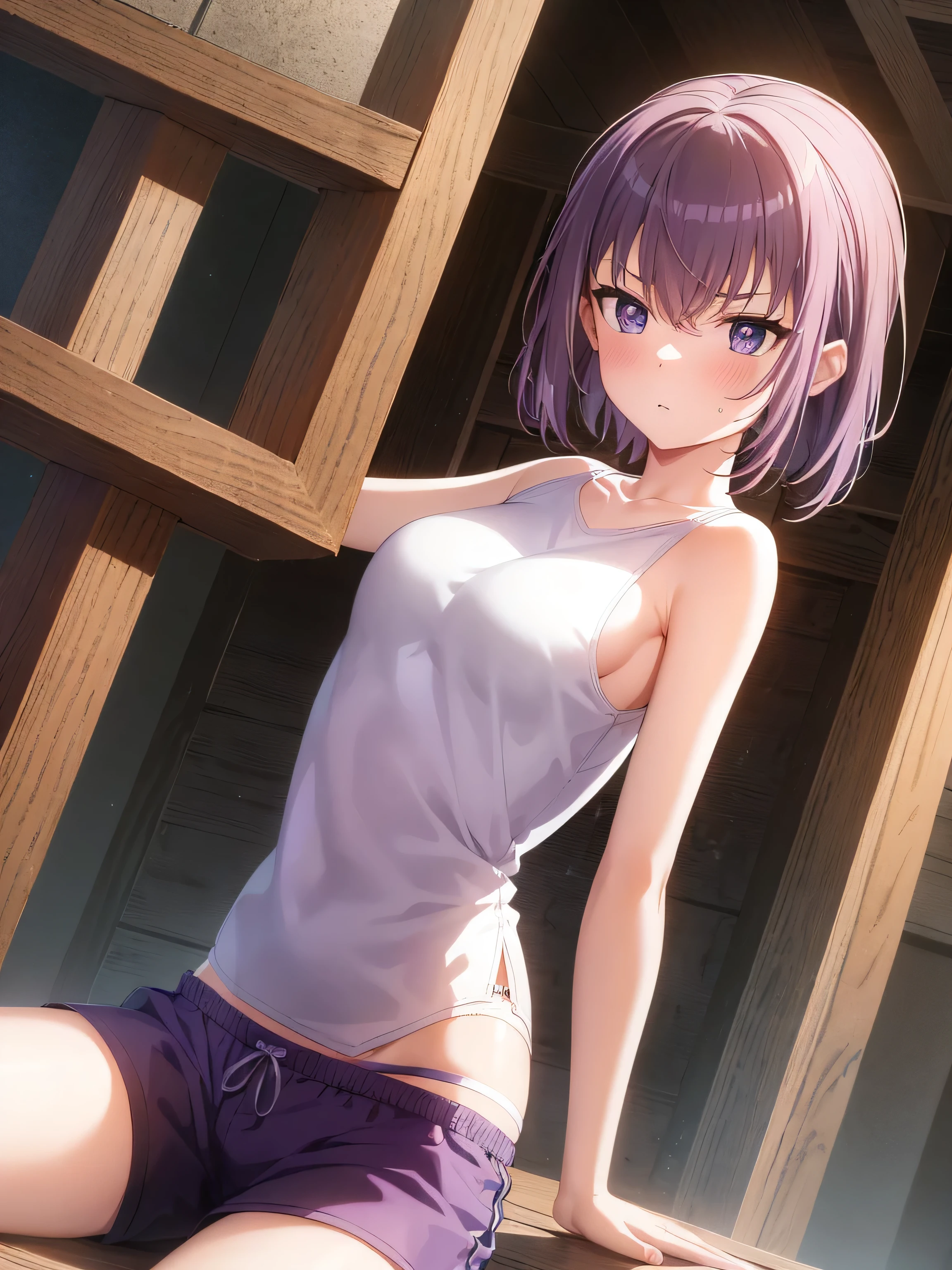 (masterpiece:1.2), best quality, high resolution, Unity 8K wallpaper, (illustration:0.8), (Beautiful and delicate purple eyes:1.6), Extremely detailed face, Perfect lighting, Extremely detailed CG, (Perfect hands, Perfect anatomical structure),1 girl, , Solitary, , Black_shorts, Play_, Purple Eyes, shorts, Lopez,White&#39;s hair, Double tail, hair_deco, fail, fail_, blush, curtain, sit, Sweating, Dutch Cupola_Cupola, indoors, fail_Play_, _Shoulder, band_Clip Slip, By Bangs, Deactivate_beak, star_(Symbolism), _top, short_shorts, star_hair_deco, window, V-shape_Eyebrows are very, clavicle, vague, Large_, _Clip Slip, Ahog, dolphin_shorts, Play_Plays, vague_background, Jewel-like, Side lock, White__top, varies through, shirt, short_Double tail, breast，nipple，underwear，White_shirt,
