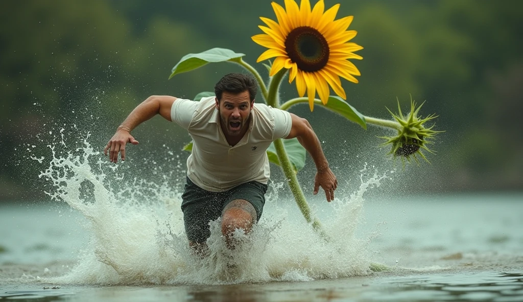 professional realism photos, the man landed in the water, chased by a sunflower plant, evil sunflower plant, man running terrified, dynamic movement, man running forward, very shaky hands, 34K