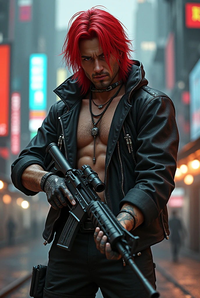 A red haired cyberpunk male character named Akashi on his chest, holding a Rifle 