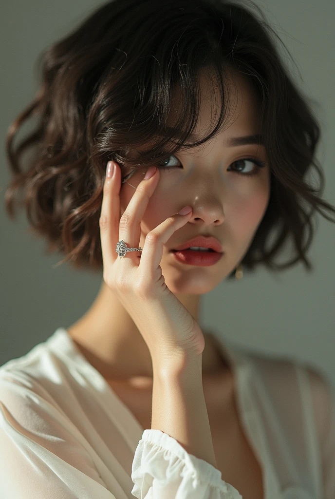 editorial photography,super detailed background,Super realistic,double exposure,depth of field,beauty super slender skinny vides,soft focus tone,narrative scene,extreme close-up portrait,Cover one eye with one hand,engagement ring,open glossy lips,wavy very short bob-cut hair,