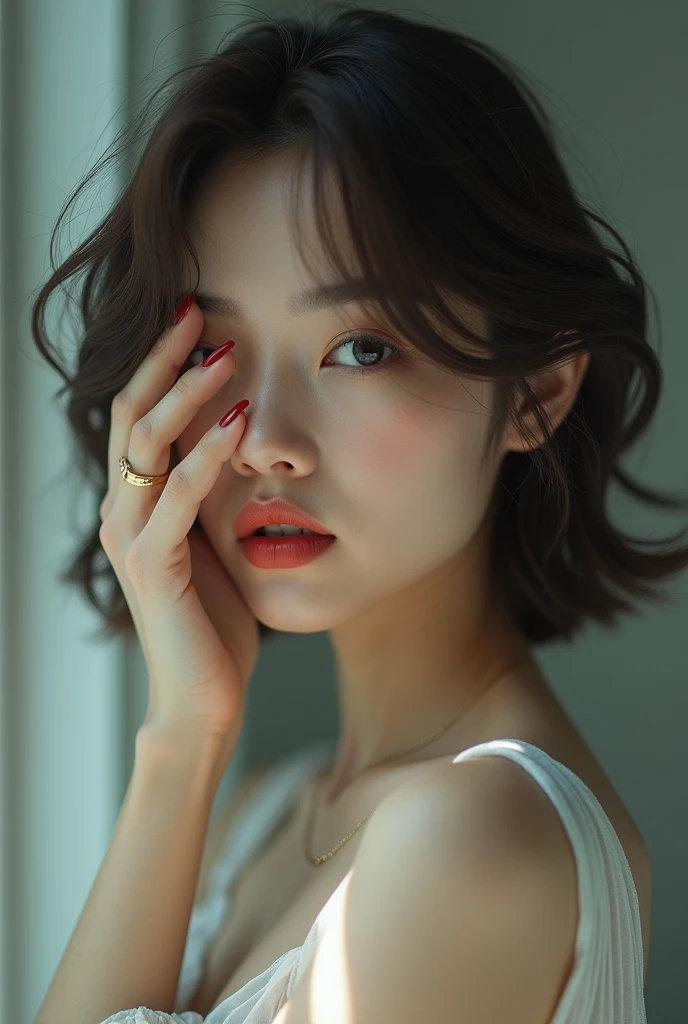 editorial photography,super detailed background,Super realistic,double exposure,depth of field,beauty super slender skinny vides,soft focus tone,narrative scene,extreme close-up portrait,Cover one eye with one hand,engagement ring,open glossy lips,wavy very short bob-cut hair,