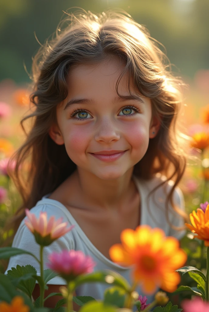 a detailed,  girl, smiling, playing in a colorful vibrant flower garden, ultra-detailed, 8k, (best quality,4k,8k,highres,masterpiece:1.2),ultra-detailed,(realistic,photorealistic,photo-realistic:1.37),stunning detailed portrait, intricate detailed floral garden, natural lighting, cinematic composition, warm color palette, vibrant colors, lush foliage, shallow depth of field, golden hour