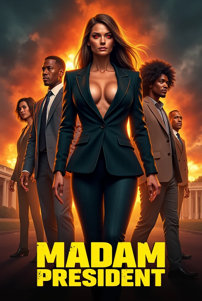 High quality, painted realistic 2000s sci-fi movie poster, titled “Madam President” in bold large Yellow text on top.  In the center is tall muscular ((Julie Strain)), glowing red eyes, dramatic pose, one fist raised high, broad shoulders, wide hips, long straight hair, thick thighs, formal suit, (plunging neckline), open shirt, behind her are five varying size headshots of other diverse ethnicity actors staggered against each other. The background is the White House on fire and DC in turmoil.  