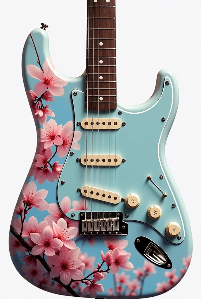 a stratocaster model guitar with a painting of Japanese sakura foliage and a light blue sky in the background, focusing on flowers. make the foliage take up more of the guitar