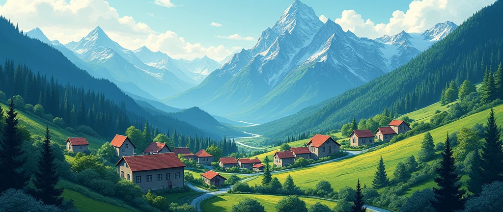 Poster color painting, dark tone, happy view, mountain view of village, high resolution, used as background, blurred image.